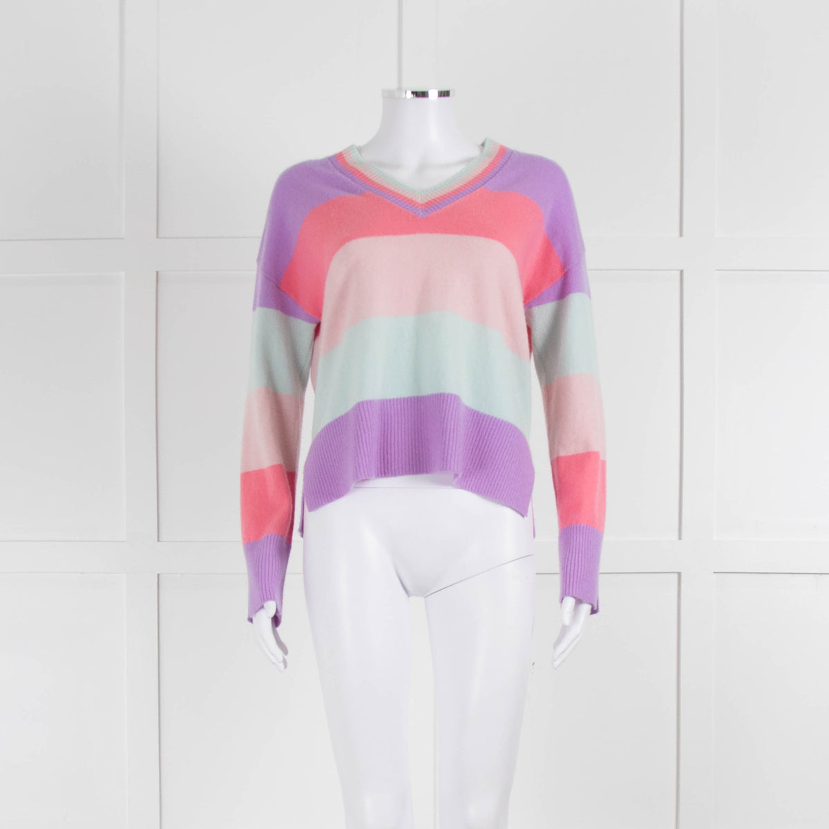 & Isla Purple Pink Blue Stripe V Neck Cashmere Jumper