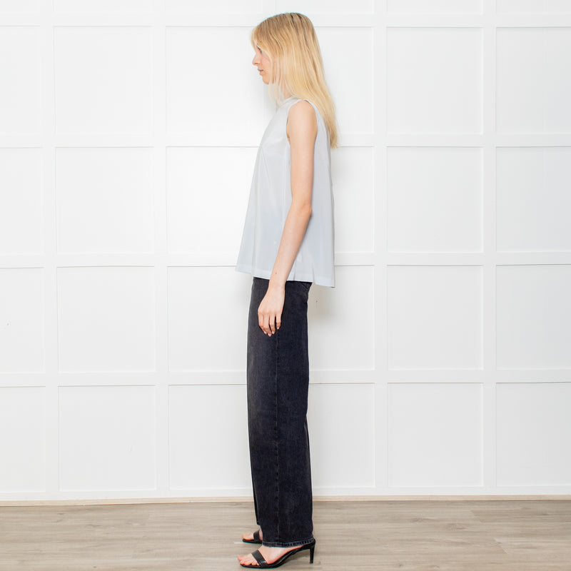 Brunello Cuccinelli Pale Blue Silk Sleeveless Top Crystal Neck