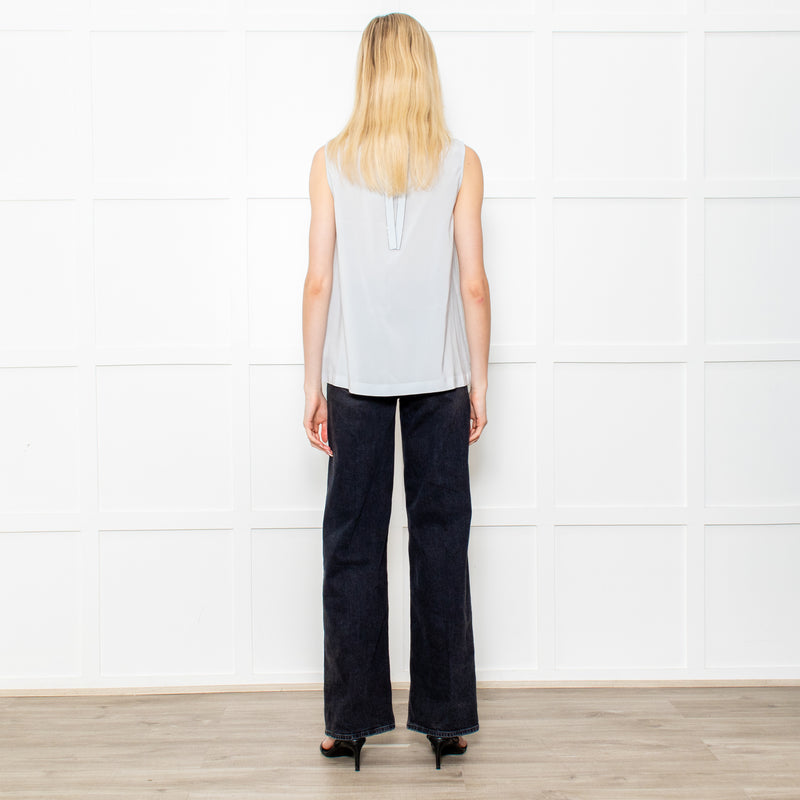 Brunello Cuccinelli Pale Blue Silk Sleeveless Top Crystal Neck