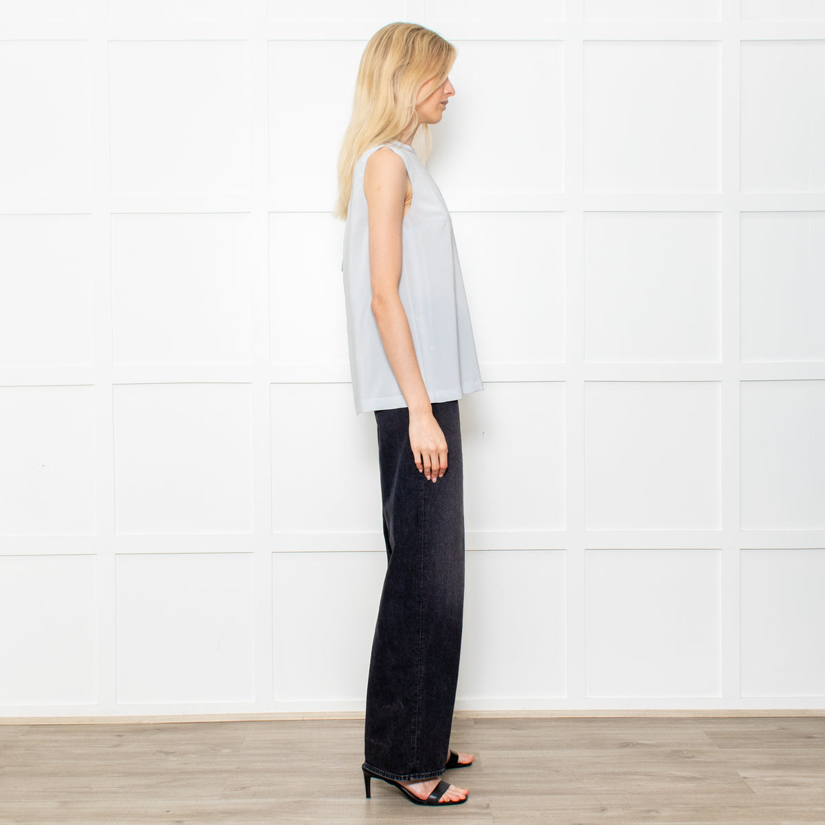 Brunello Cuccinelli Pale Blue Silk Sleeveless Top Crystal Neck