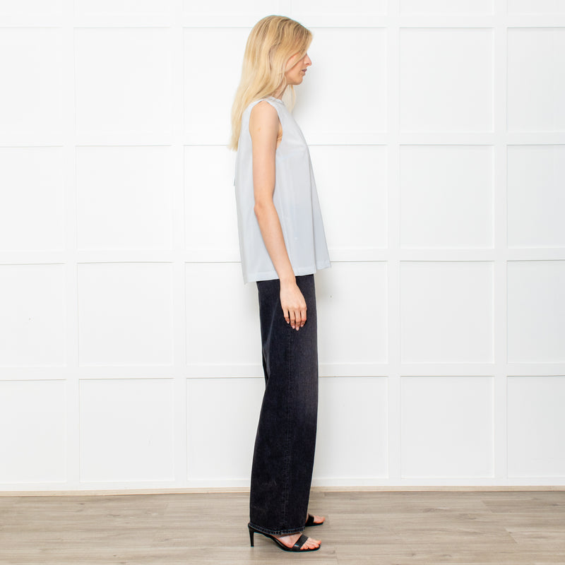 Brunello Cuccinelli Pale Blue Silk Sleeveless Top Crystal Neck