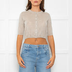 D. Exterior Neutral Silver Lurex Knitted Cropped Cardigan