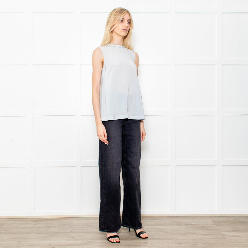 Brunello Cuccinelli Pale Blue Silk Sleeveless Top Crystal Neck
