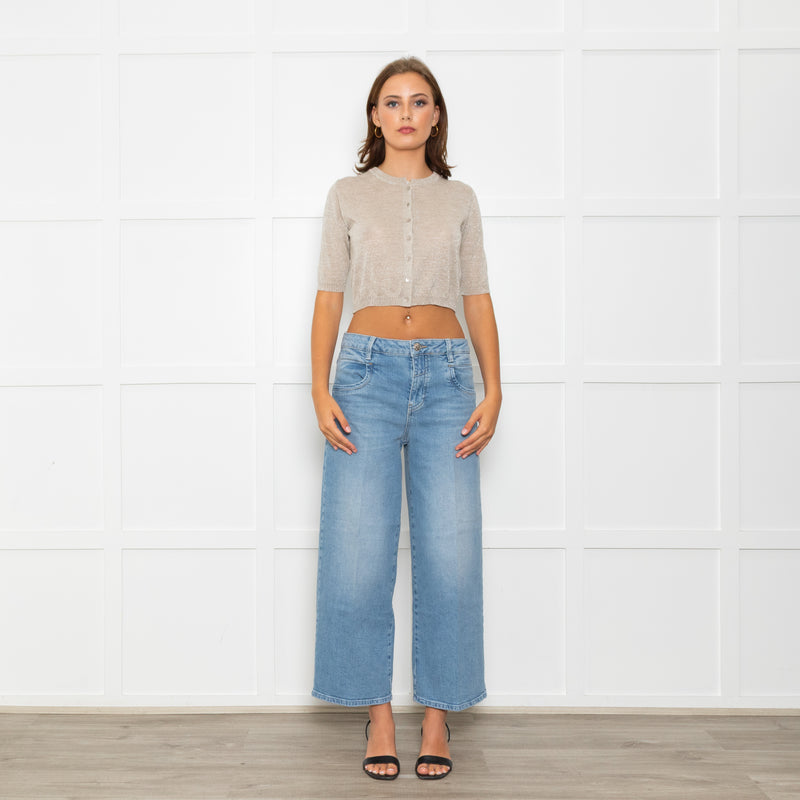 D. Exterior Neutral Silver Lurex Knitted Cropped Cardigan