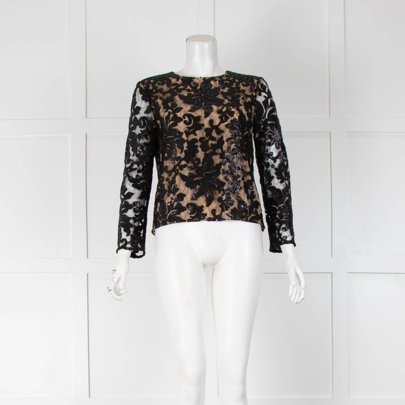 DVF Black Sequins Lace Long Sleeve Top