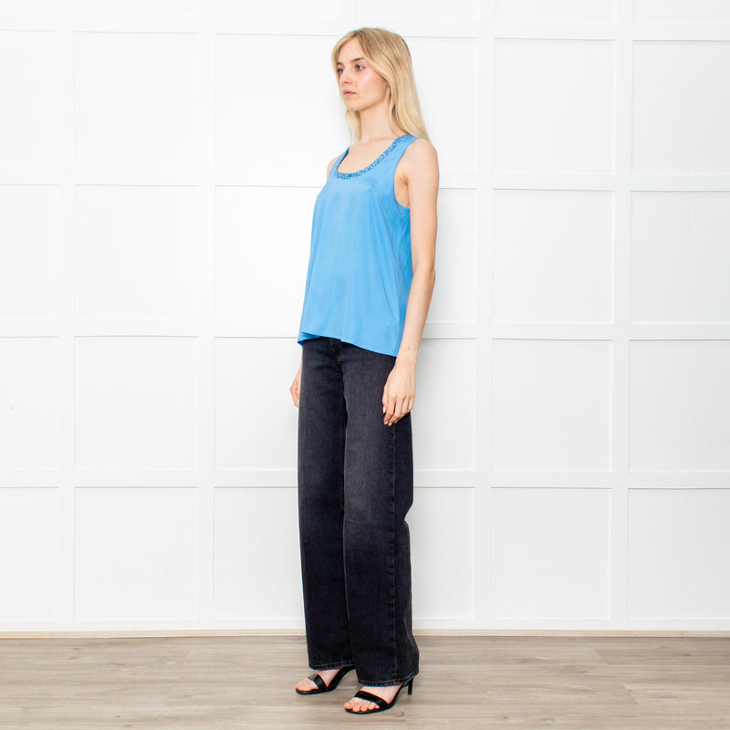 Amina Rubinacci Blue Silk Camisole With Sequin Neckline