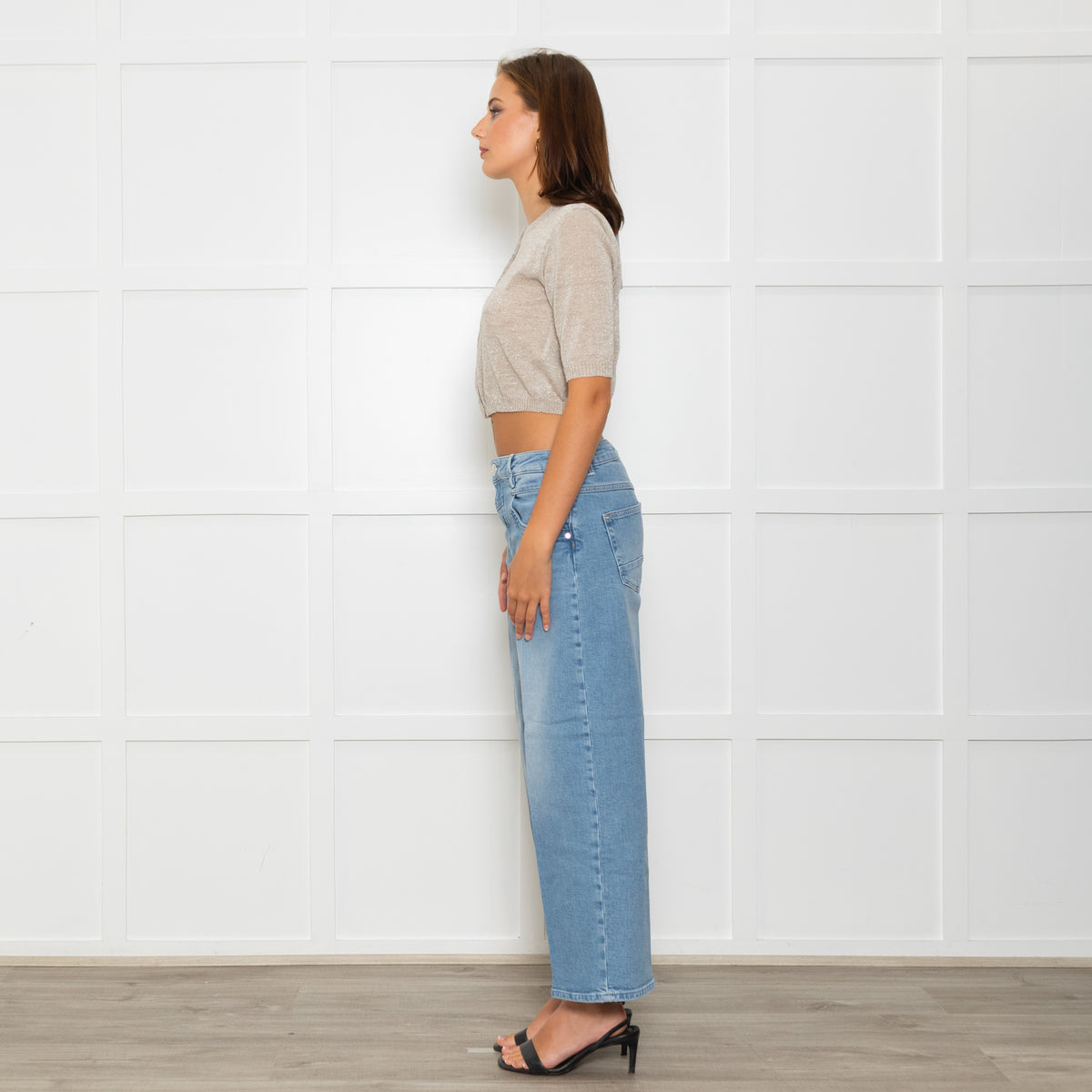 D. Exterior Neutral Silver Lurex Knitted Cropped Cardigan