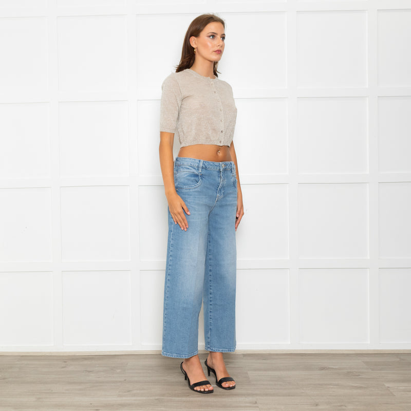 D. Exterior Neutral Silver Lurex Knitted Cropped Cardigan