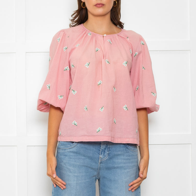 Wyse Pale Pink Floral Embroidered Cotton Blouse