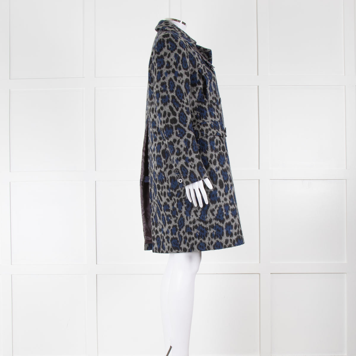 Sacai Luck Grey and Blue Leopard Button Up Coat