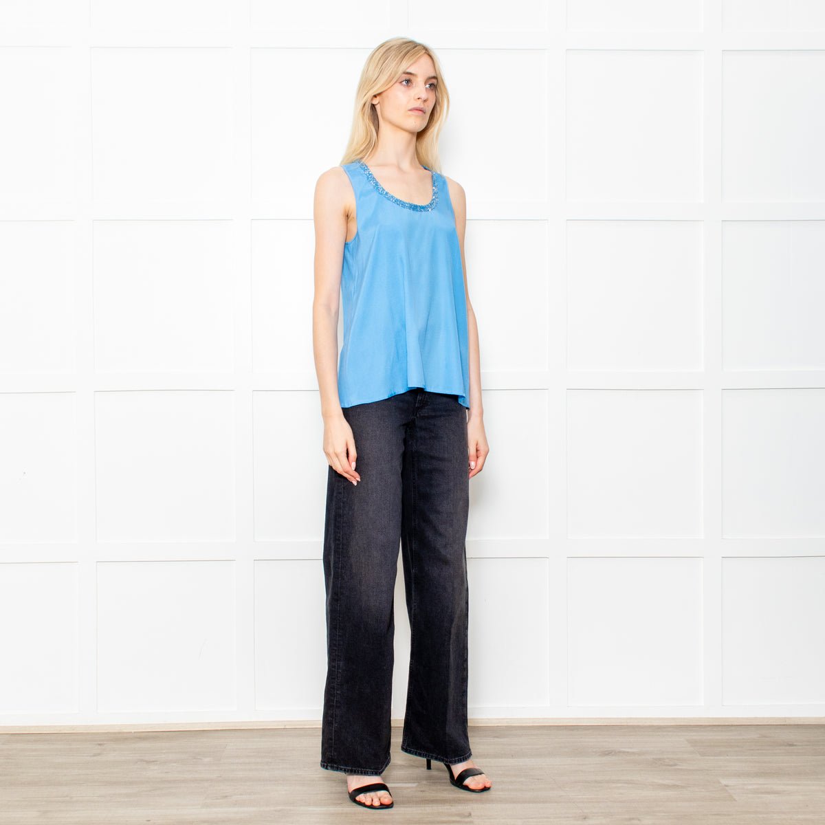 Amina Rubinacci Blue Silk Camisole With Sequin Neckline