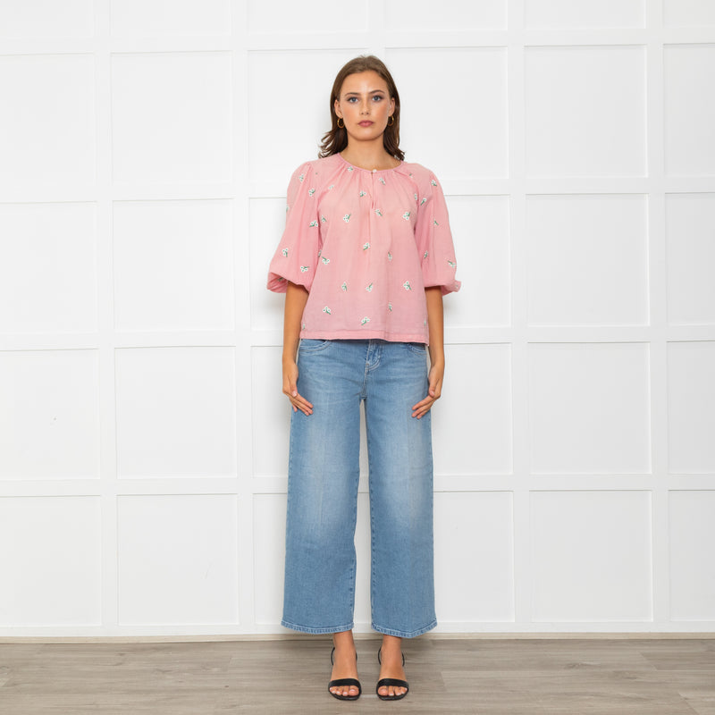 Wyse Pale Pink Floral Embroidered Cotton Blouse