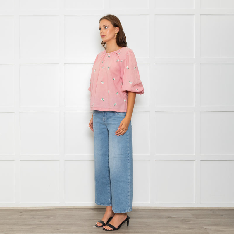 Wyse Pale Pink Floral Embroidered Cotton Blouse