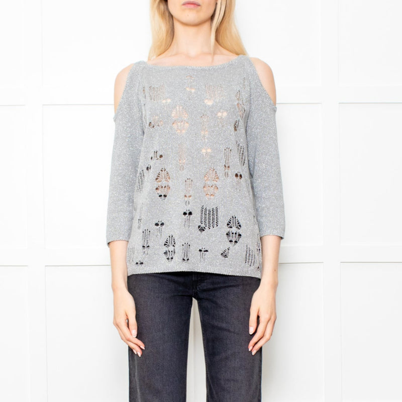 Caractere Silver Metallic Crochet Knit Cold Shoulder Top