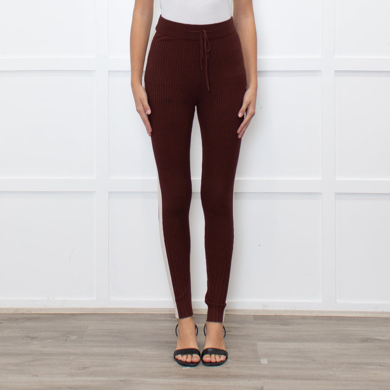 Varley Brown Rib Knit Leggings with Beige Side Stripe