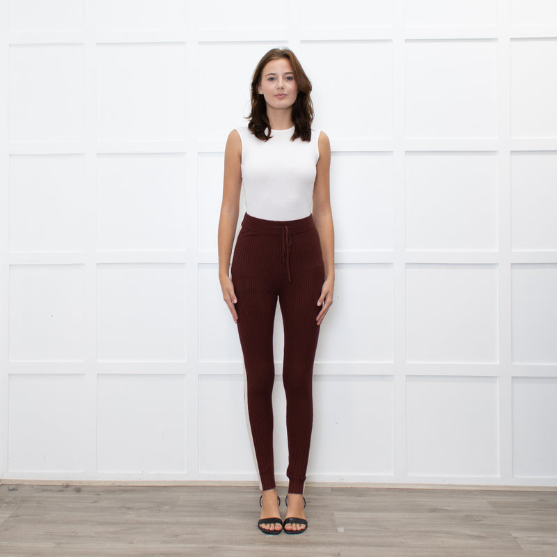 Varley Brown Rib Knit Leggings with Beige Side Stripe