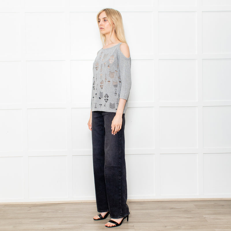 Caractere Silver Metallic Crochet Knit Cold Shoulder Top