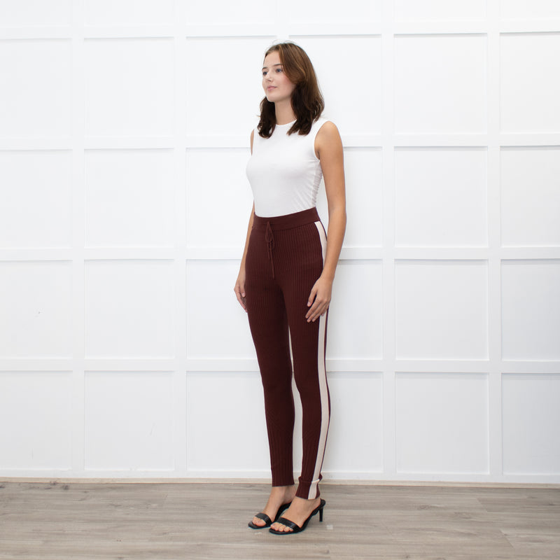 Varley Brown Rib Knit Leggings with Beige Side Stripe