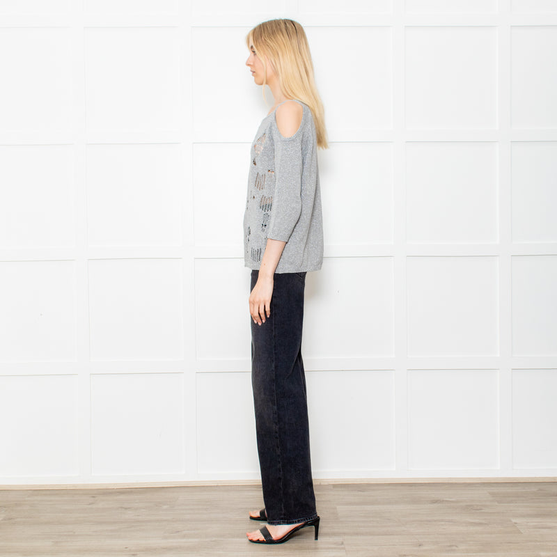 Caractere Silver Metallic Crochet Knit Cold Shoulder Top