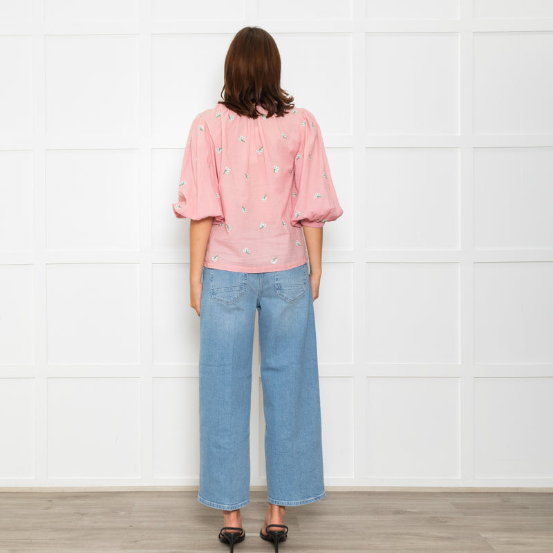 Wyse Pale Pink Floral Embroidered Cotton Blouse