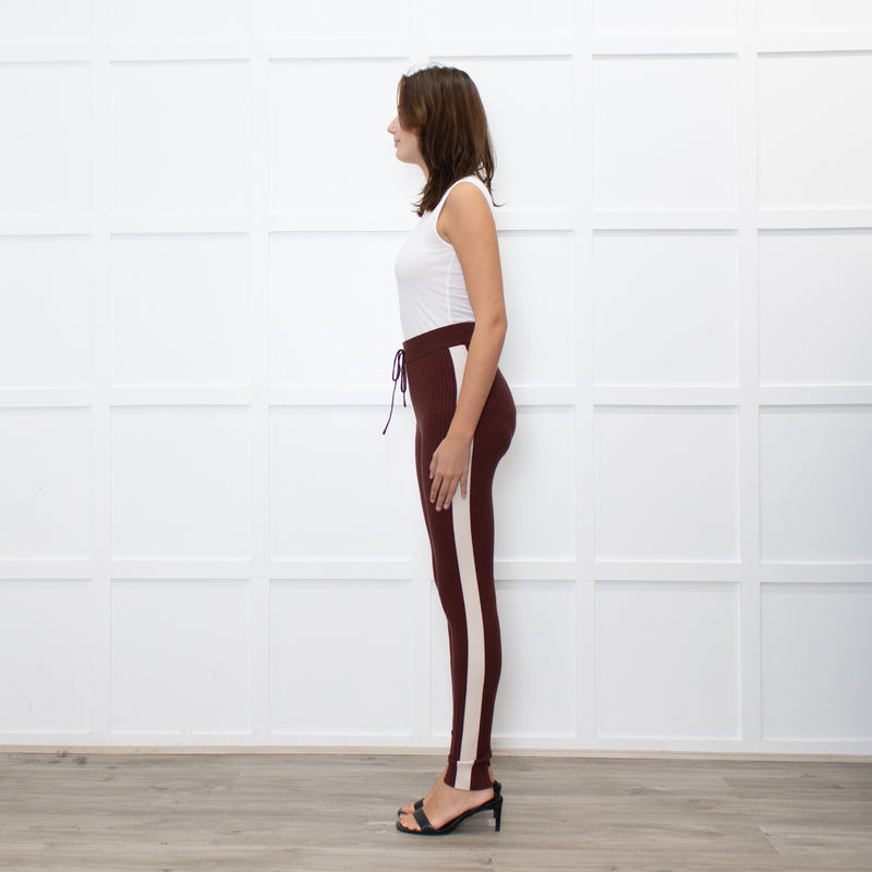 Varley Brown Rib Knit Leggings with Beige Side Stripe