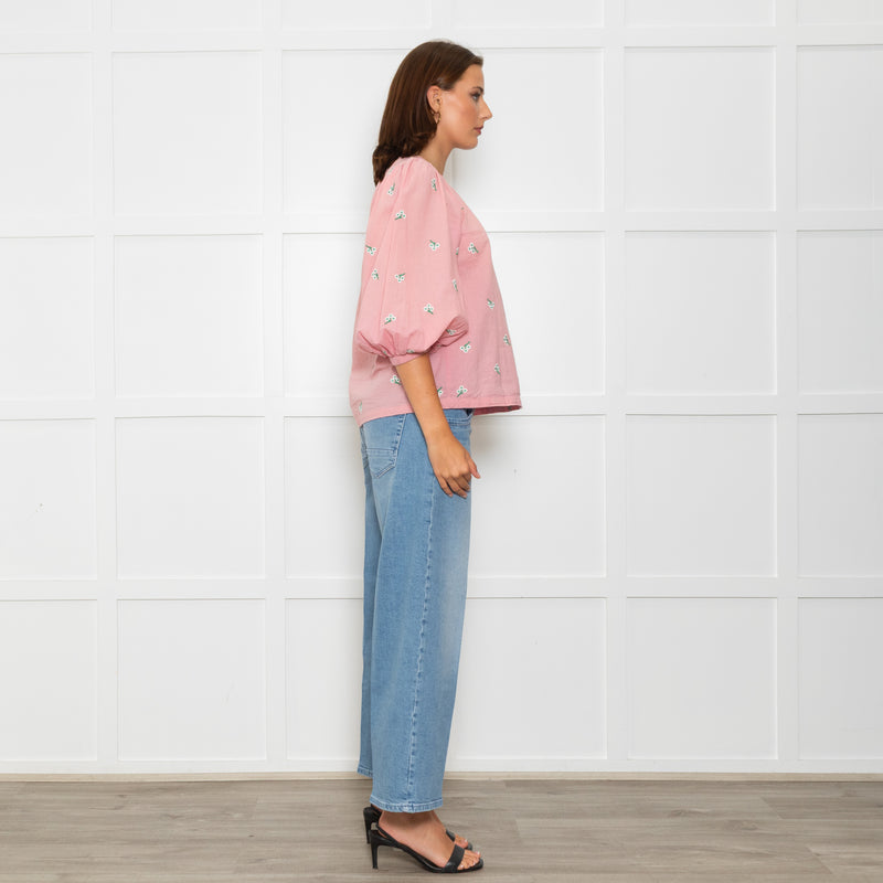 Wyse Pale Pink Floral Embroidered Cotton Blouse