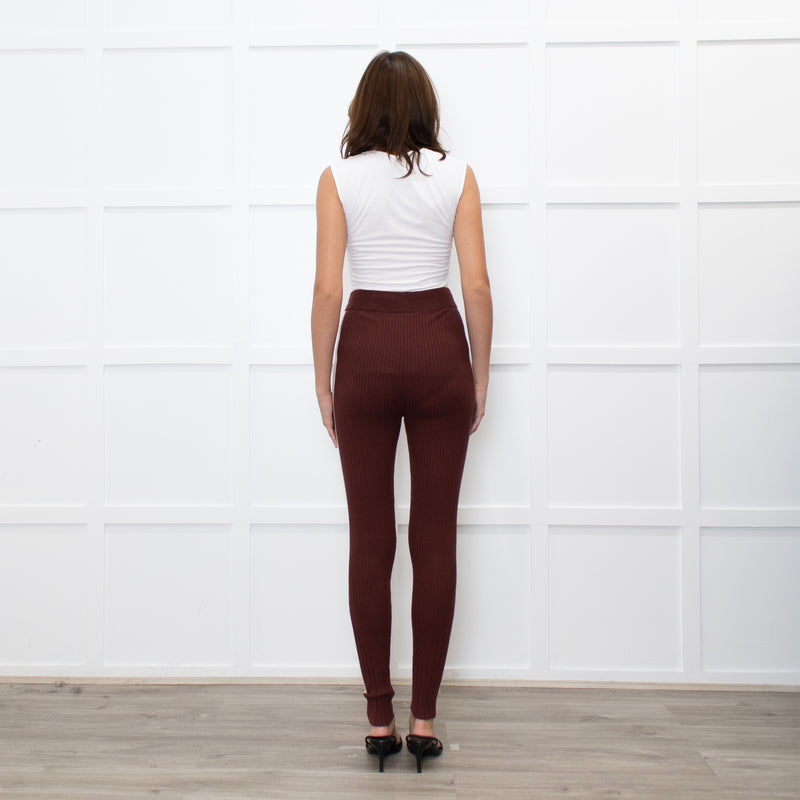 Varley Brown Rib Knit Leggings with Beige Side Stripe
