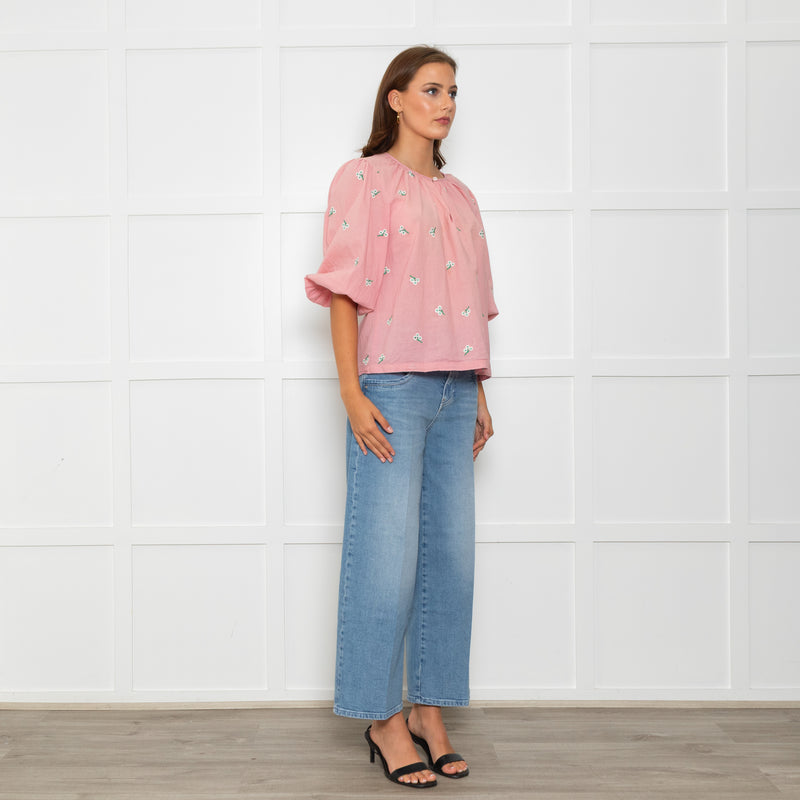 Wyse Pale Pink Floral Embroidered Cotton Blouse