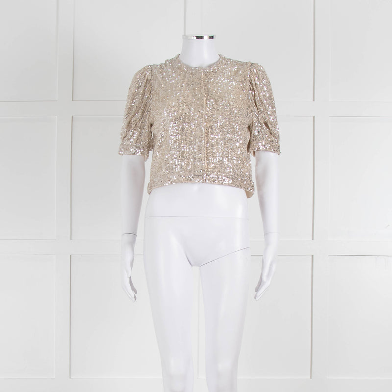 Masscob Beige Silver Sequin Half Sleeve Cropped Top