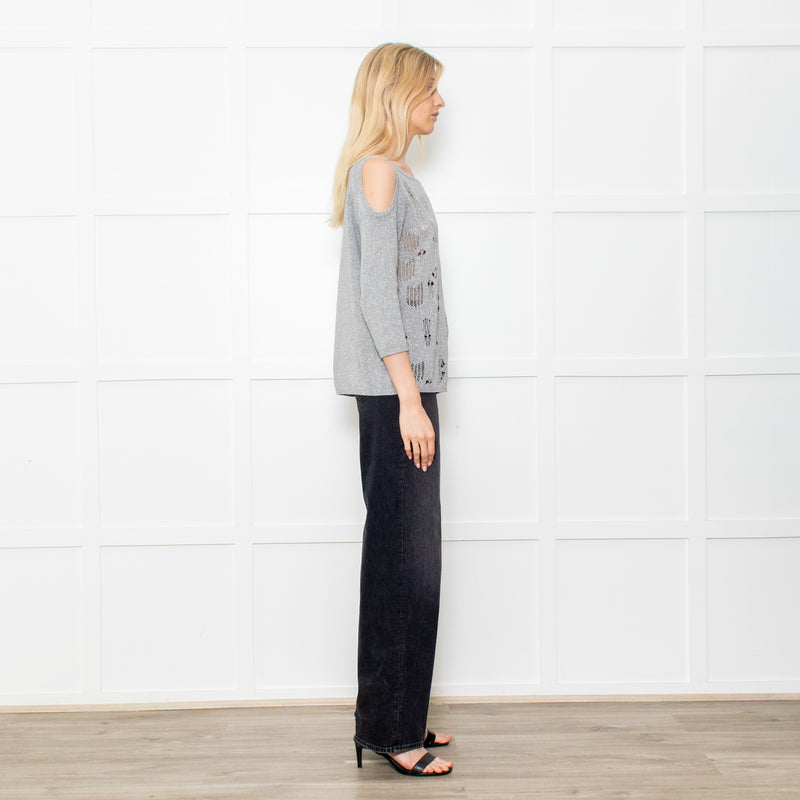 Caractere Silver Metallic Crochet Knit Cold Shoulder Top