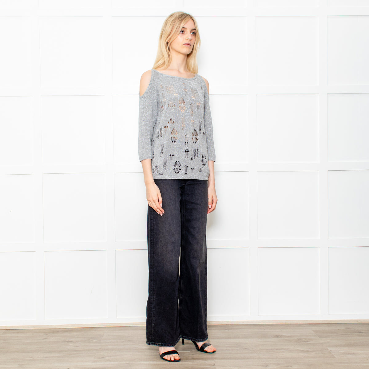Caractere Silver Metallic Crochet Knit Cold Shoulder Top