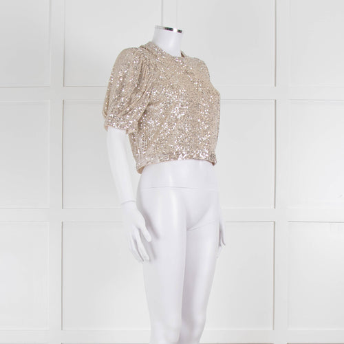 Masscob Beige Silver Sequin Half Sleeve Cropped Top