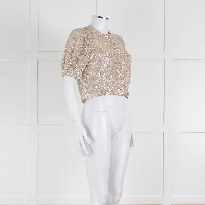 Masscob Beige Silver Sequin Half Sleeve Cropped Top
