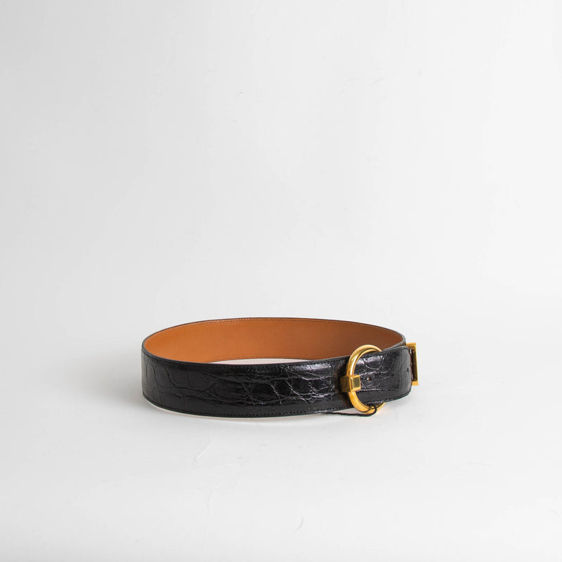Delvaux Black Croc Leather Gold Buckle Belt