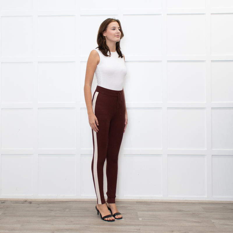 Varley Brown Rib Knit Leggings with Beige Side Stripe