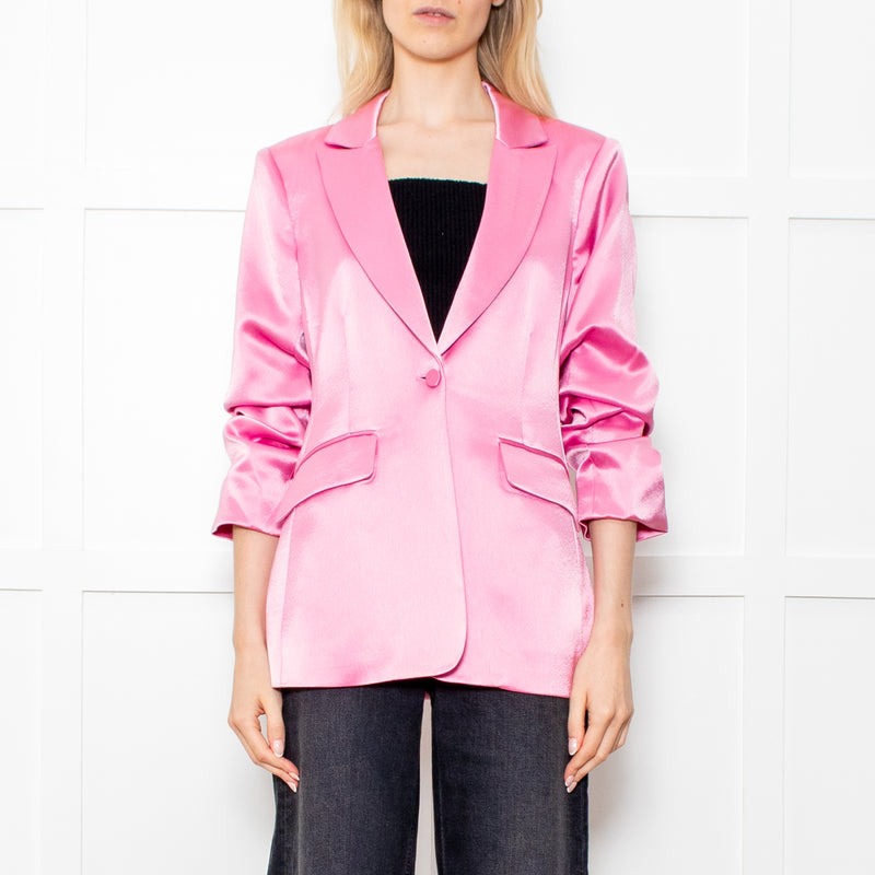 Cinq a Sept Pink Silk Feel Blazer With Ruch Sleeves