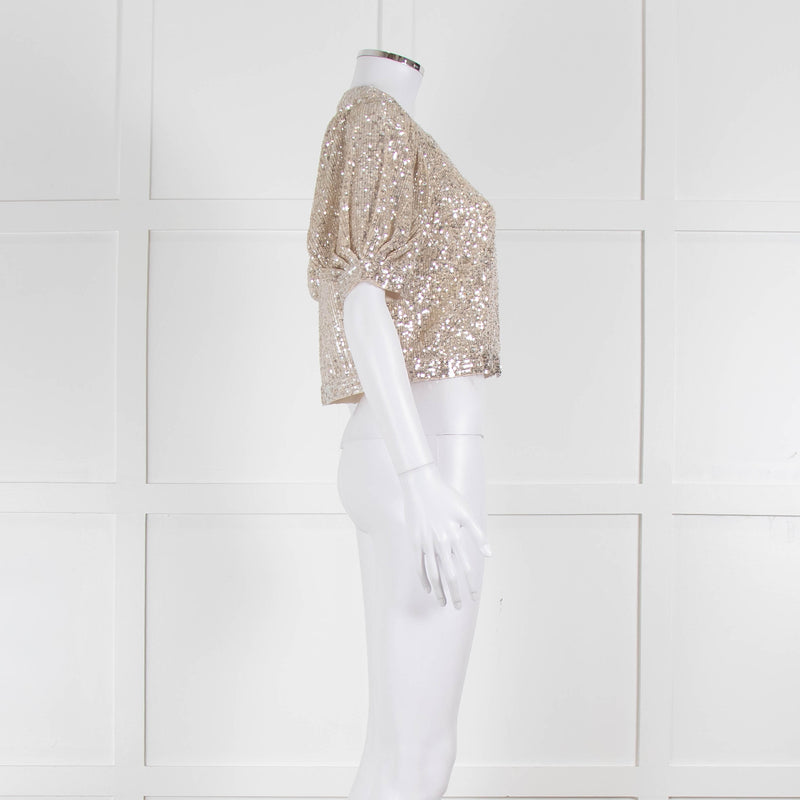 Masscob Beige Silver Sequin Half Sleeve Cropped Top