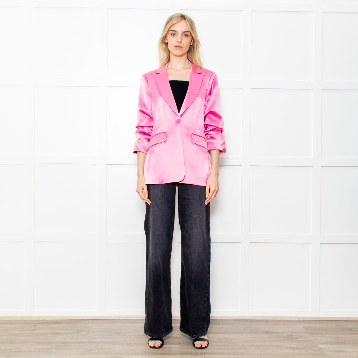 Cinq a Sept Pink Silk Feel Blazer With Ruch Sleeves