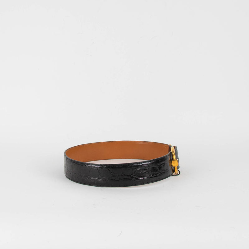 Delvaux Black Croc Leather Gold Buckle Belt