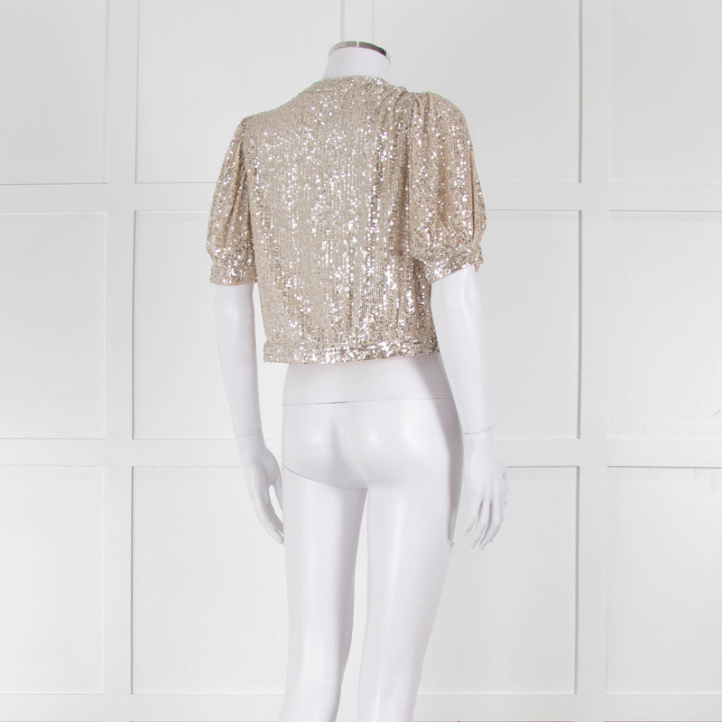 Masscob Beige Silver Sequin Half Sleeve Cropped Top