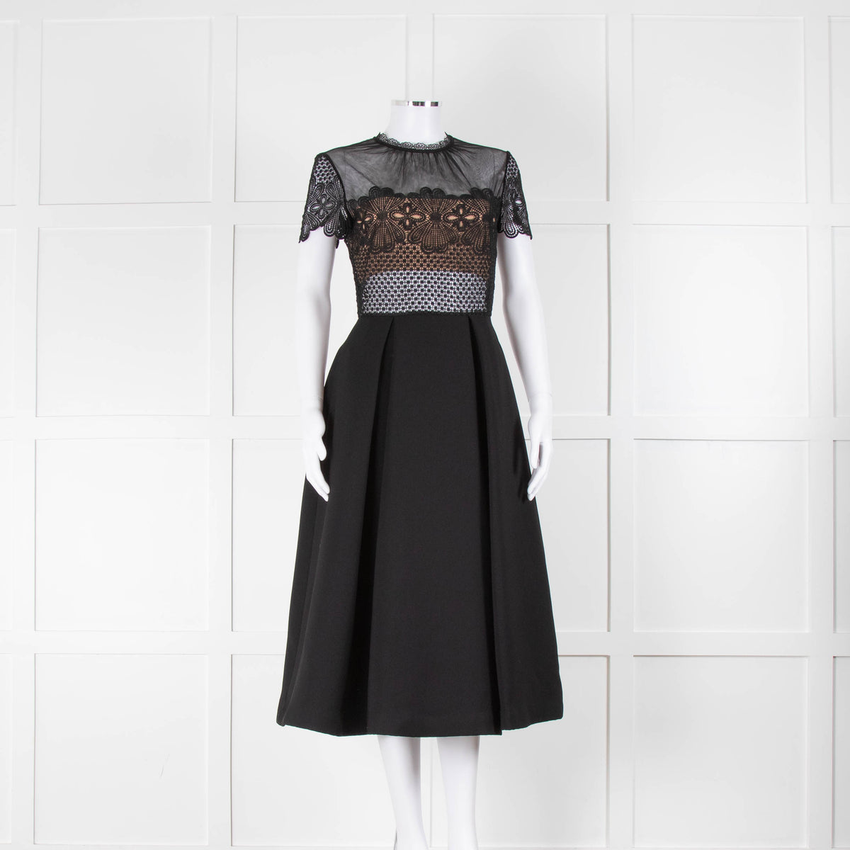 Self-Portrait Black Lace Top Cap Sleeve Midi Dress