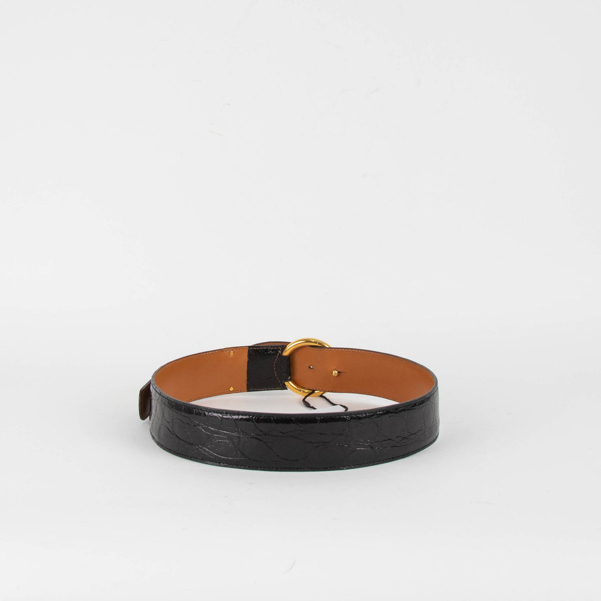 Delvaux Black Croc Leather Gold Buckle Belt