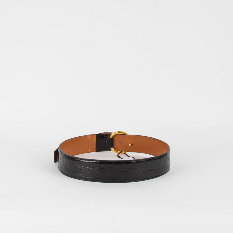 Delvaux Black Croc Leather Gold Buckle Belt