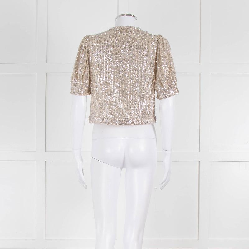 Masscob Beige Silver Sequin Half Sleeve Cropped Top