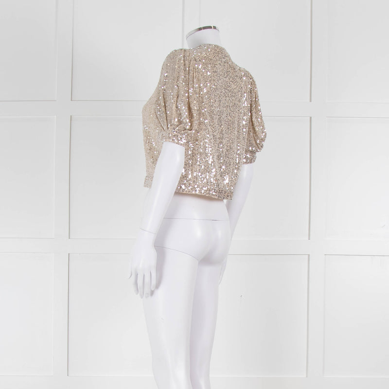 Masscob Beige Silver Sequin Half Sleeve Cropped Top