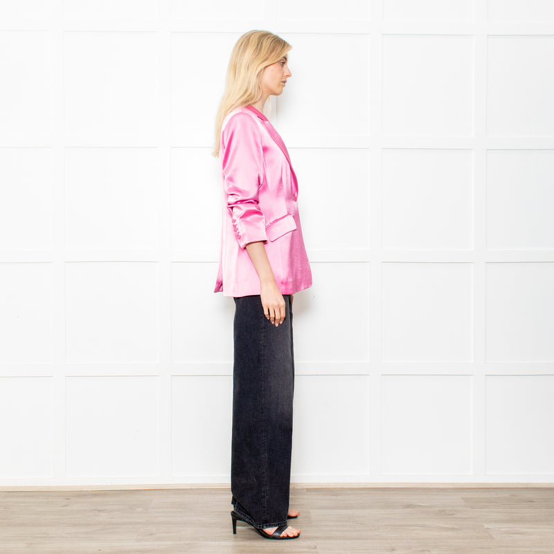 Cinq a Sept Pink Silk Feel Blazer With Ruch Sleeves