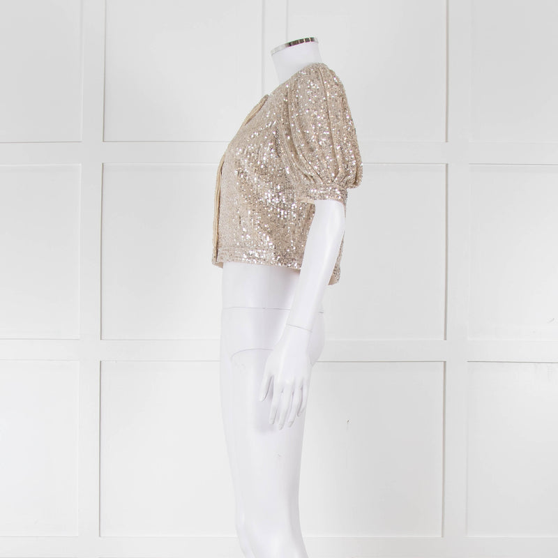 Masscob Beige Silver Sequin Half Sleeve Cropped Top
