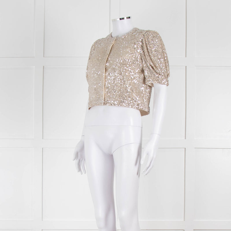 Masscob Beige Silver Sequin Half Sleeve Cropped Top