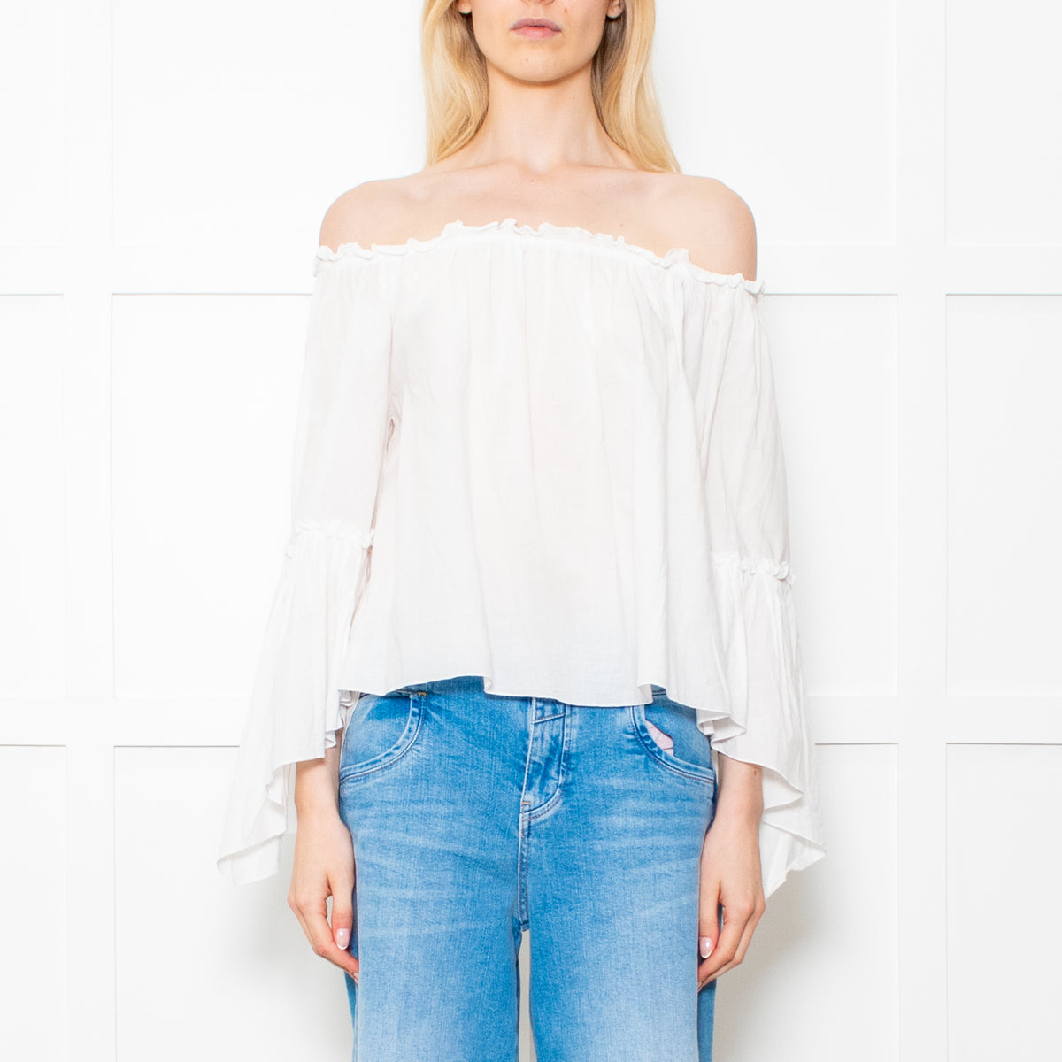 Patrizia Pepe White Cotton Scoop Neck Frill Blouse
