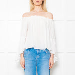 Patrizia Pepe White Cotton Scoop Neck Frill Blouse